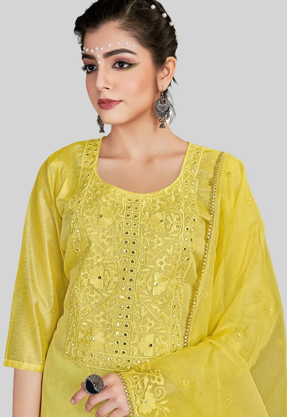 Embroidered Chanderi Silk Pakistani Suit in Yellow