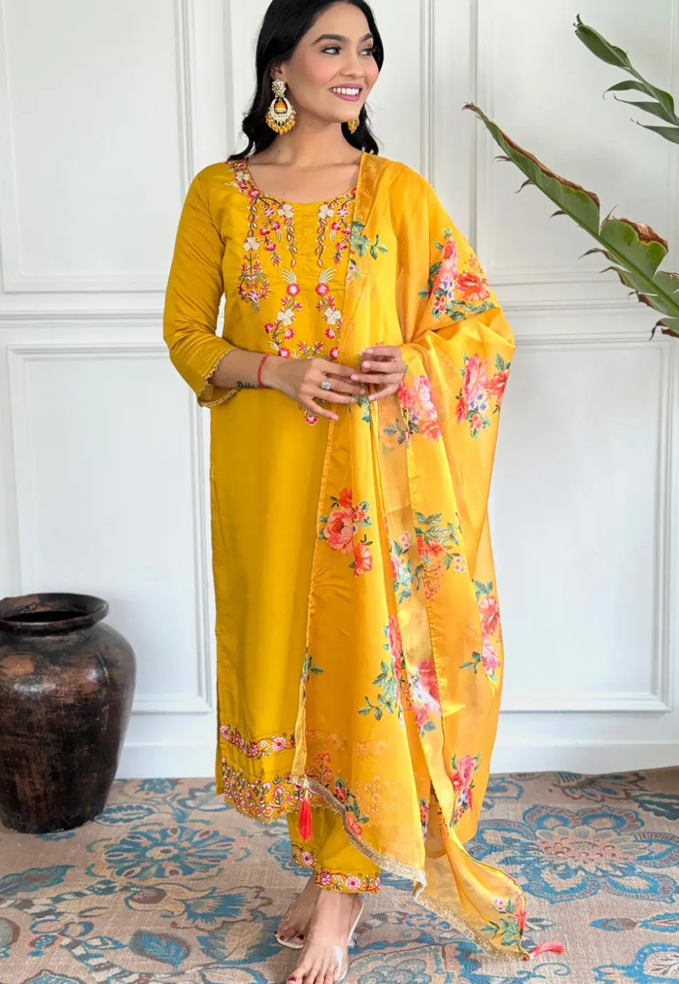 Embroidered Chanderi Silk A Line Suit in Light Green