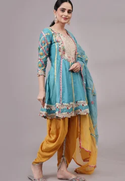 Embroidered Chanderi Silk Aline Suit in Blue