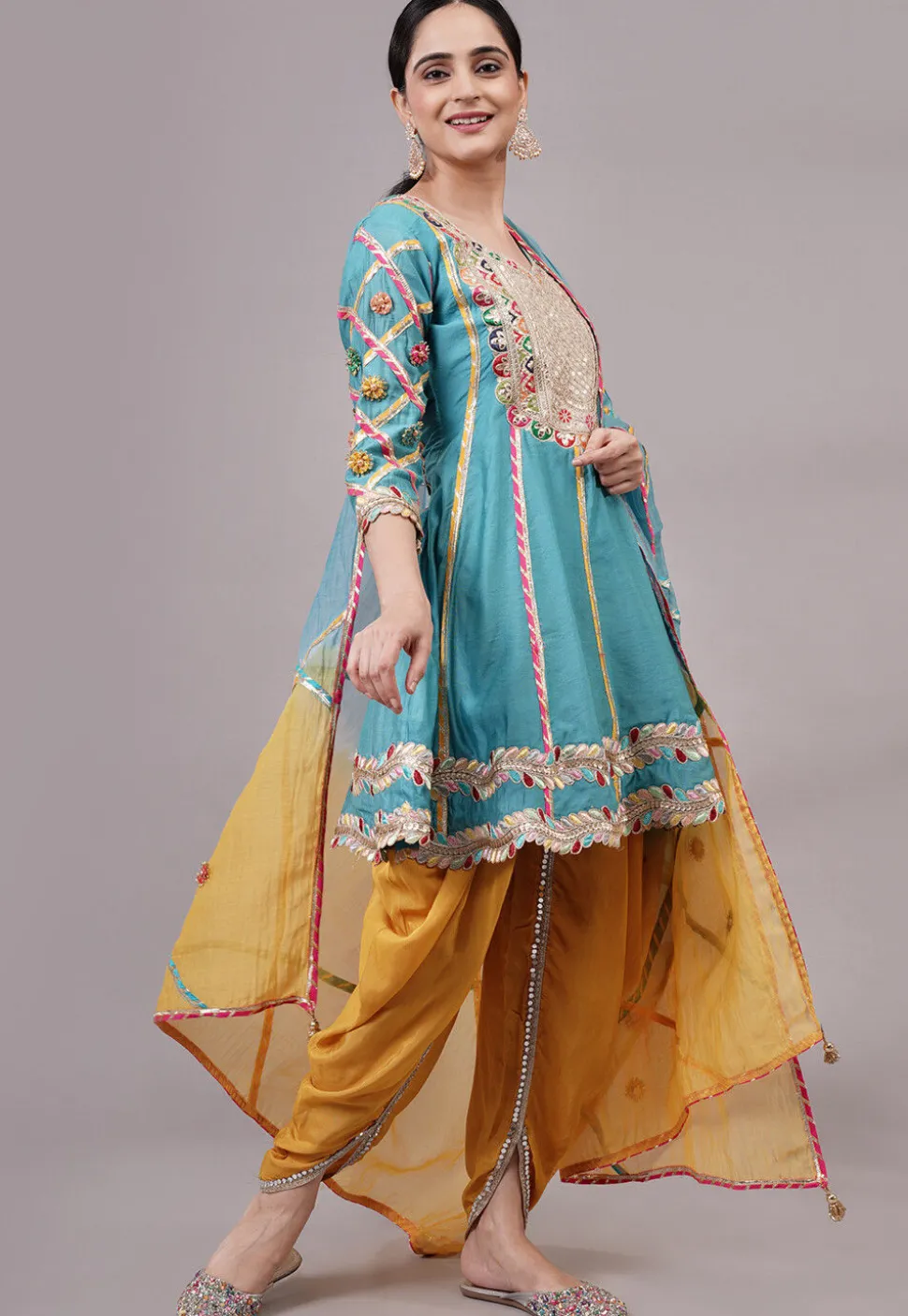 Embroidered Chanderi Silk Aline Suit in Blue