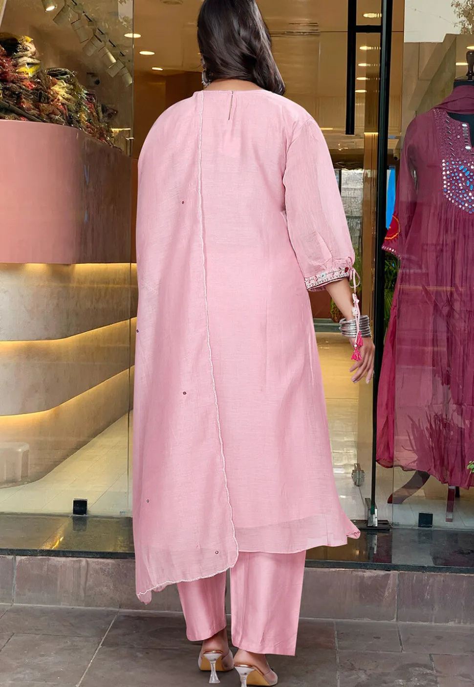 Embroidered Chanderi Silk A Line Suit in Pink
