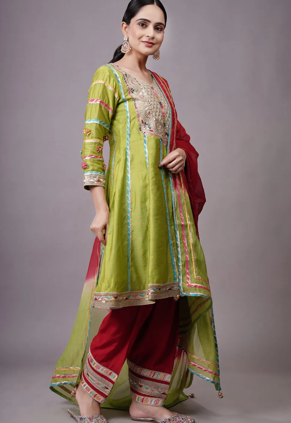 Embroidered Chanderi Silk Anarkali Suit in Olive green