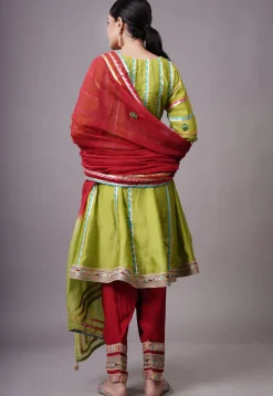 Embroidered Chanderi Silk Anarkali Suit in Olive green