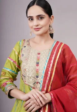Embroidered Chanderi Silk Anarkali Suit in Olive green