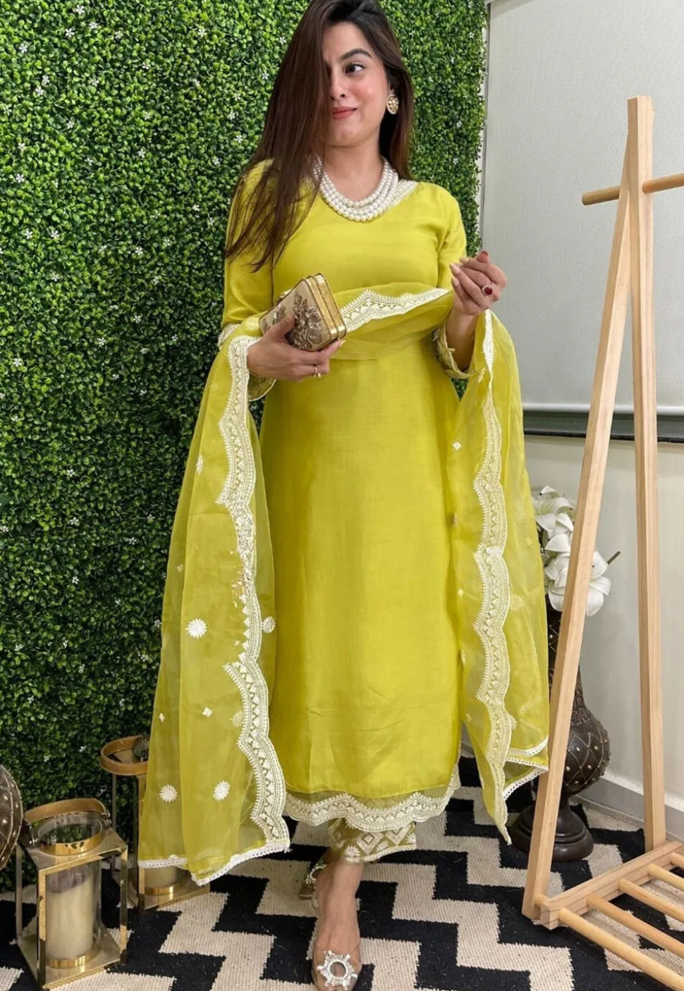 Embroidered Chanderi Silk Pakistani Suit in Yellow