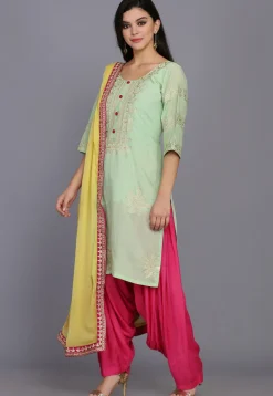 Embroidered Chanderi Silk Punjabi Suit in Pastel Green