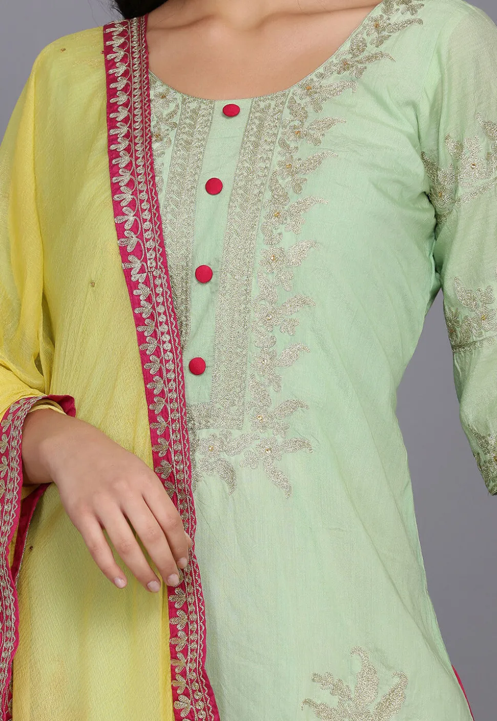 Embroidered Chanderi Silk Punjabi Suit in Pastel Green