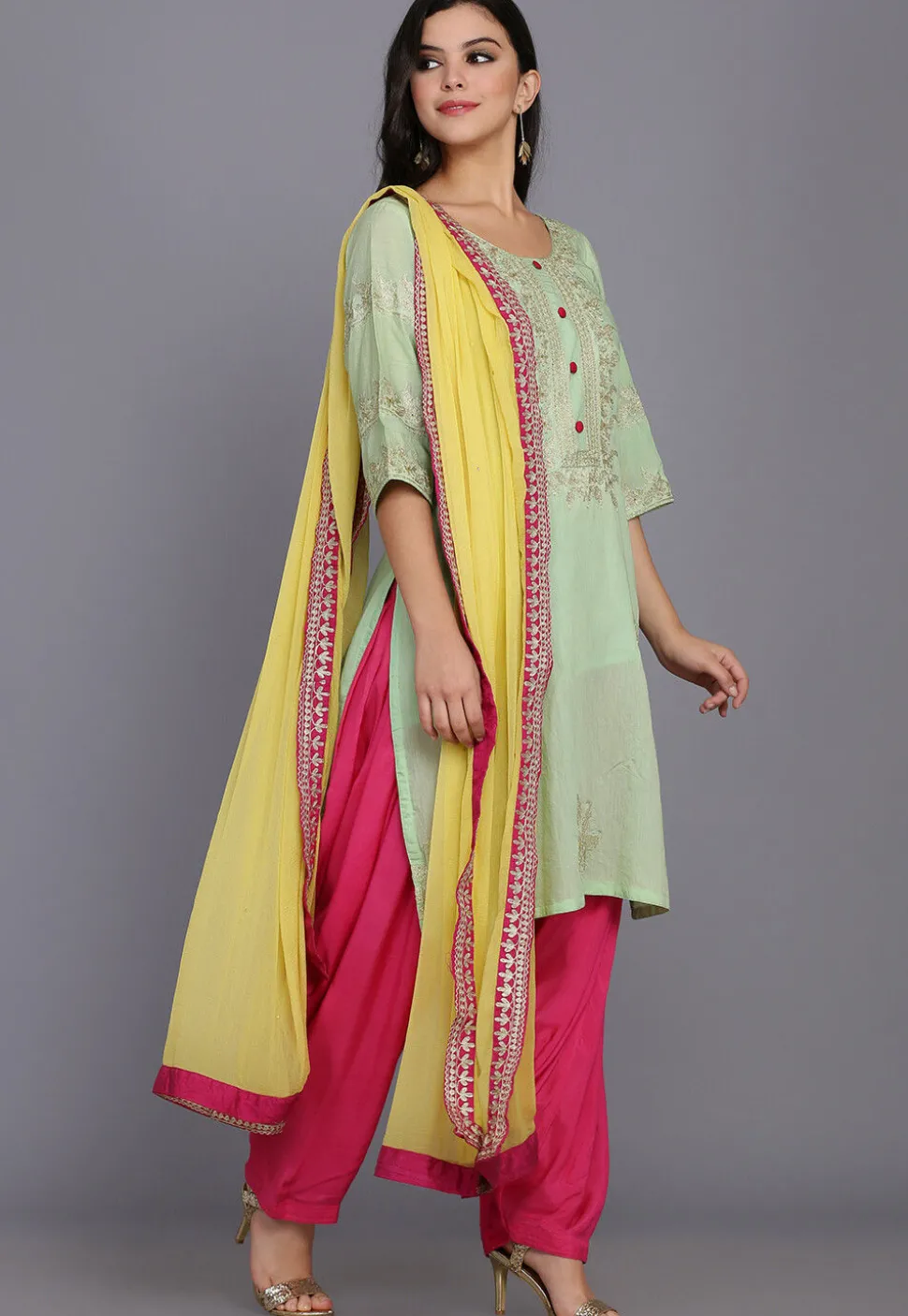Embroidered Chanderi Silk Punjabi Suit in Pastel Green