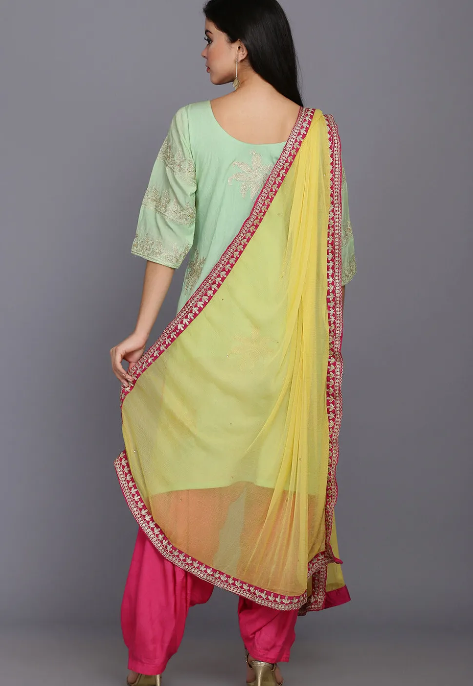 Embroidered Chanderi Silk Punjabi Suit in Pastel Green