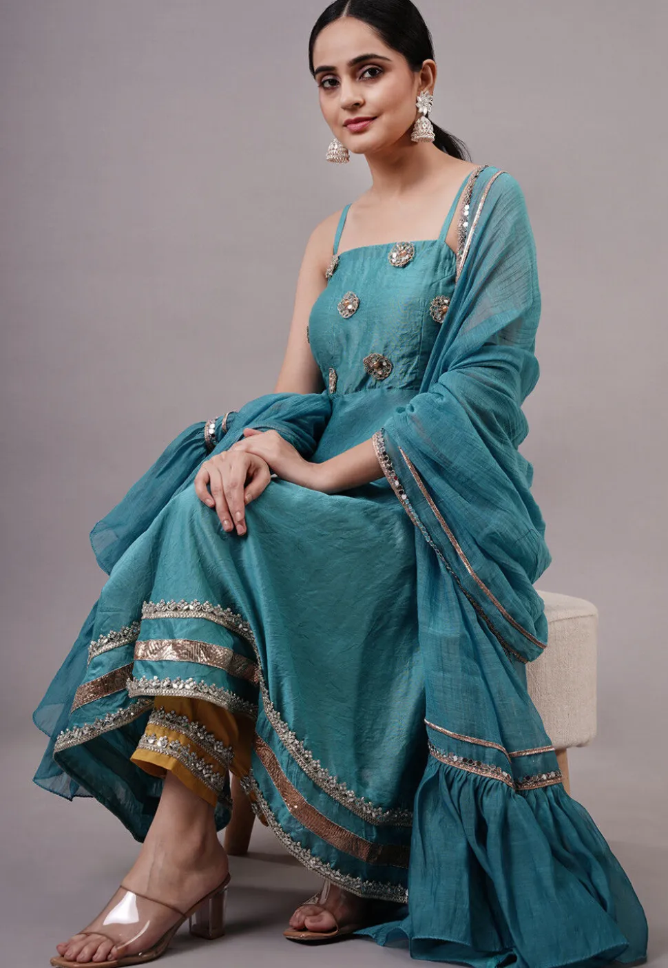 Embroidered Chanderi Silk Aline Suit in Blue