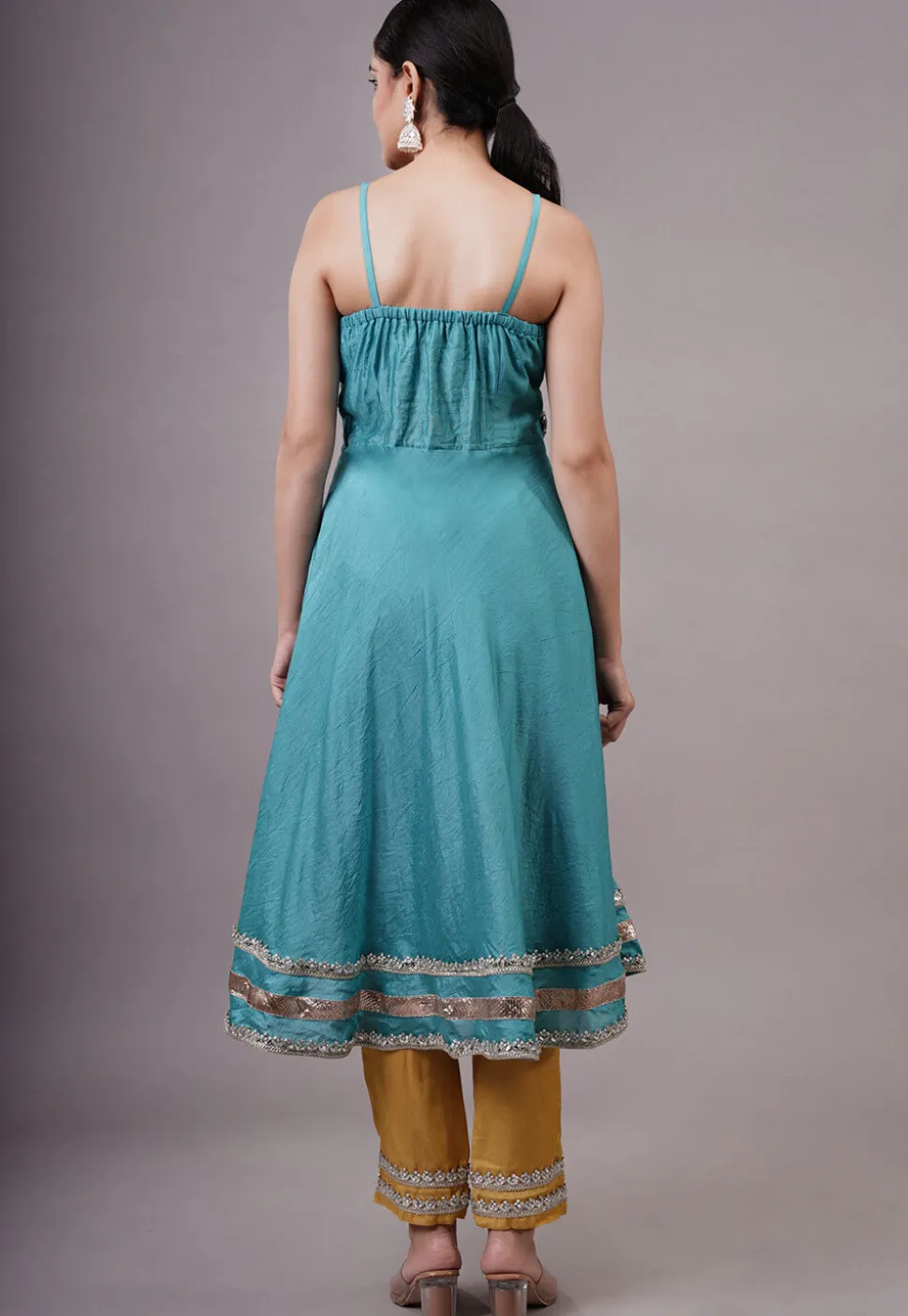 Embroidered Chanderi Silk Aline Suit in Blue