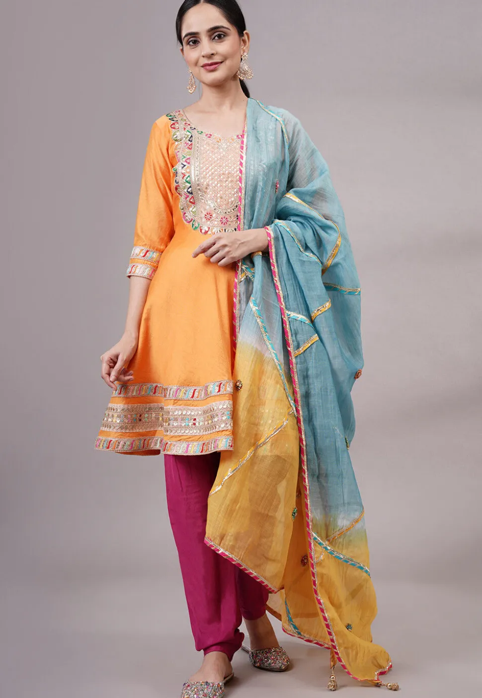 Embroidered Chanderi Silk Aline Suit in Orange