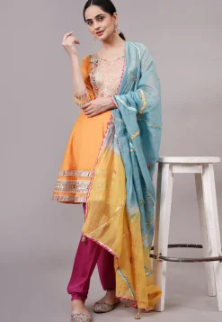 Embroidered Chanderi Silk Aline Suit in Orange