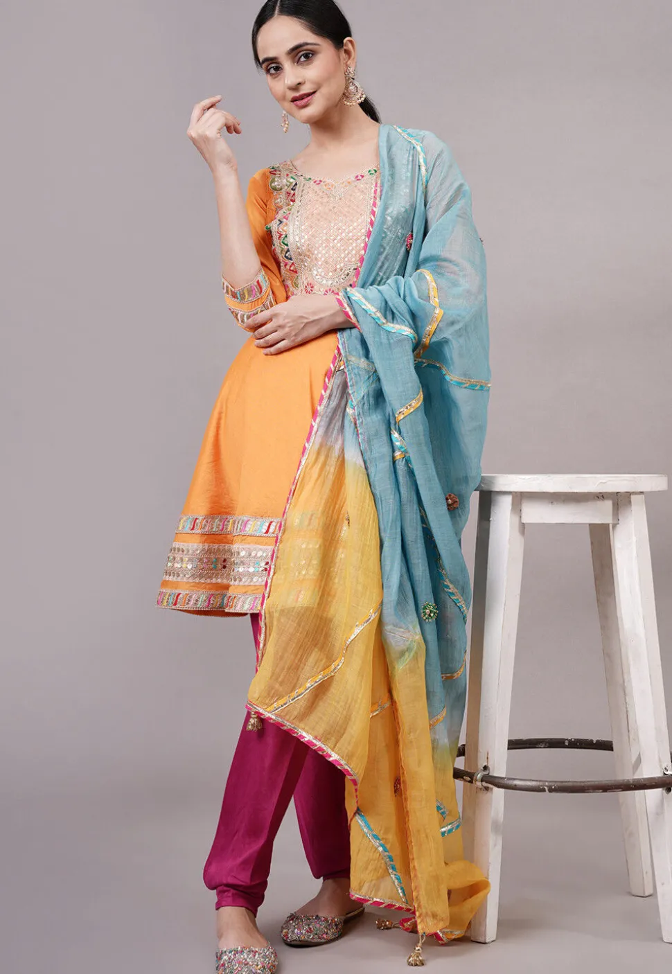 Embroidered Chanderi Silk Aline Suit in Orange