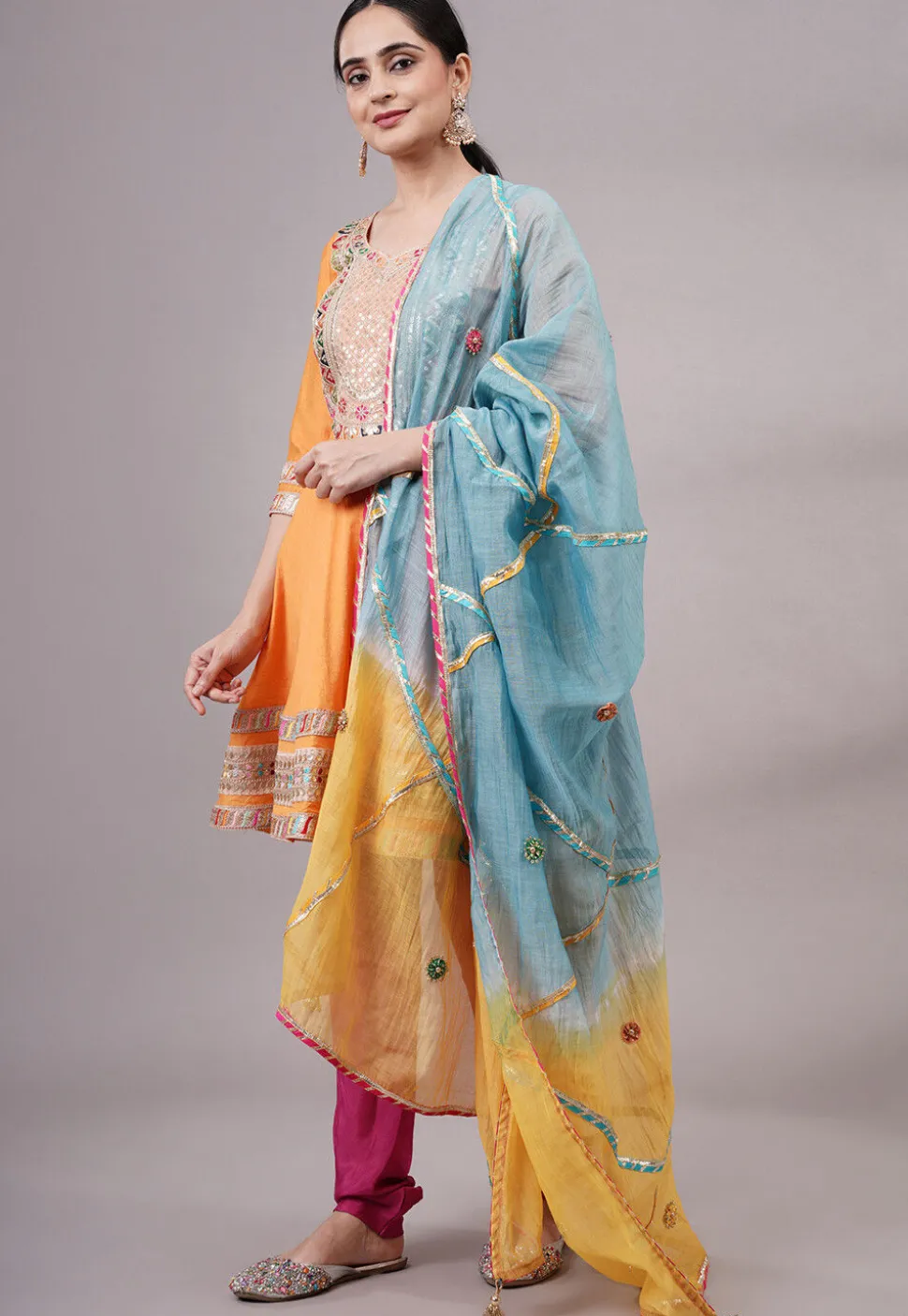 Embroidered Chanderi Silk Aline Suit in Orange