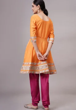 Embroidered Chanderi Silk Aline Suit in Orange