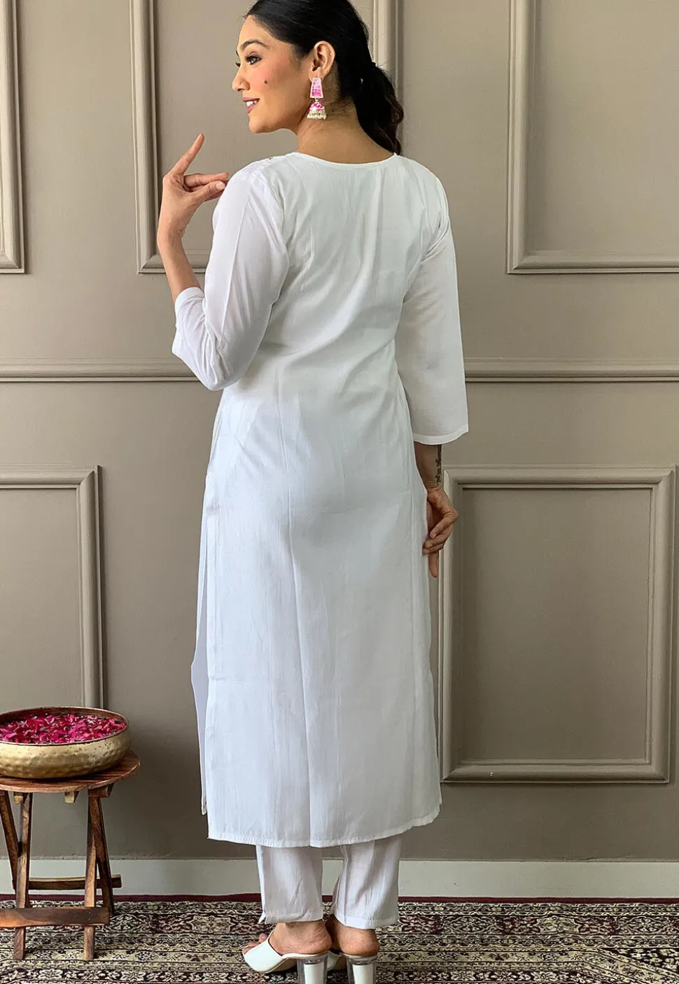 Embroidered Chanderi Silk Pakistani Suit in Off White