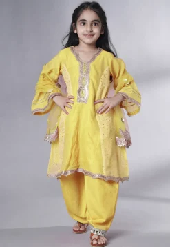 Embroidered Chanderi Silk Punjabi Suit in Yellow