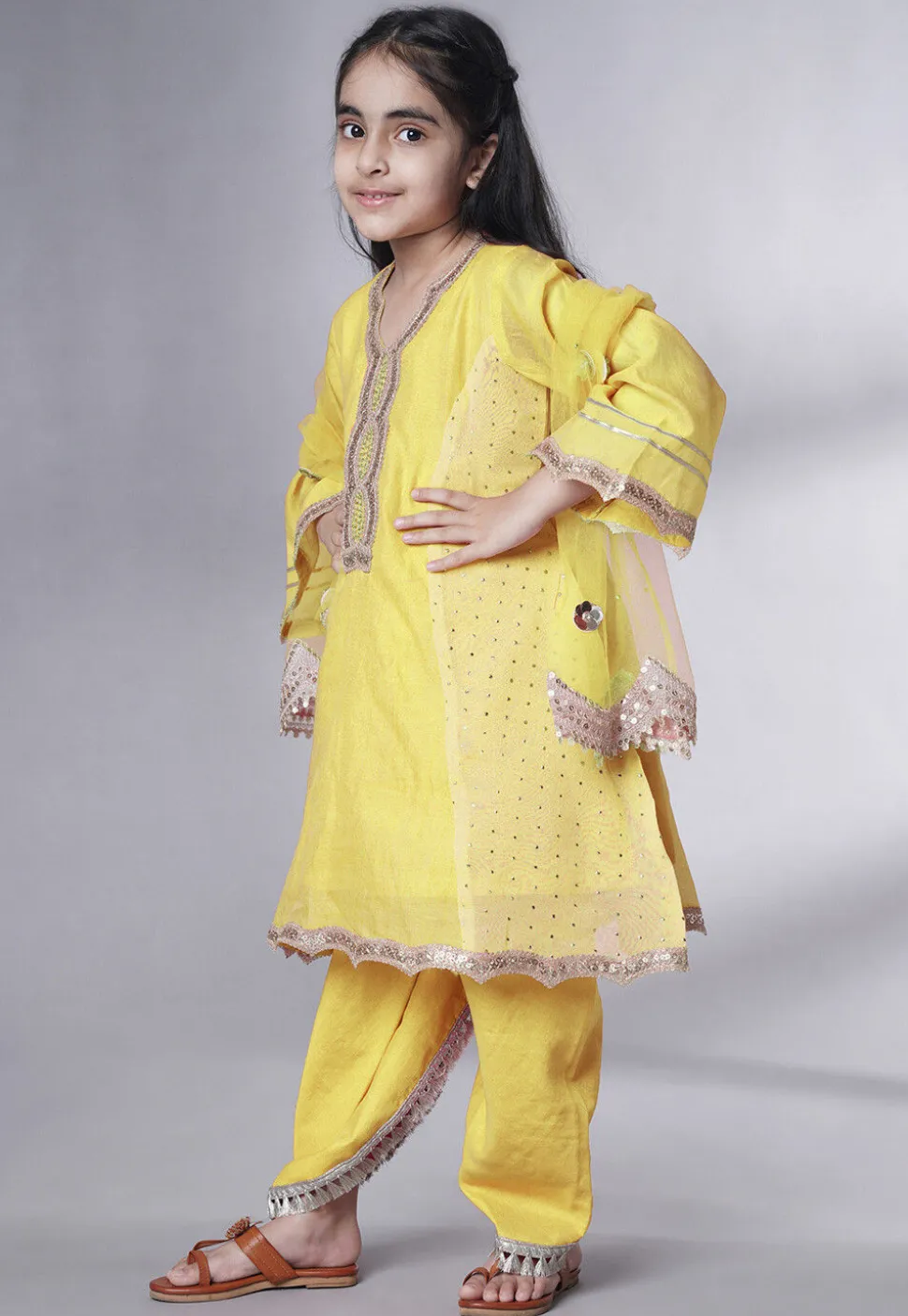 Embroidered Chanderi Silk Punjabi Suit in Yellow