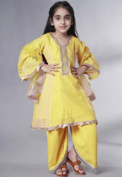 Embroidered Chanderi Silk Punjabi Suit in Yellow