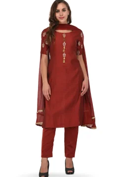 Embroidered Chanderi Silk Straight Suit in Maroon