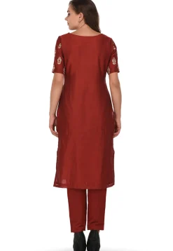 Embroidered Chanderi Silk Straight Suit in Maroon