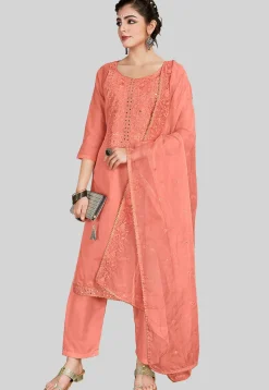 Embroidered Chanderi Silk Pakistani Suit in Peach