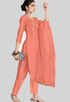 Embroidered Chanderi Silk Pakistani Suit in Peach