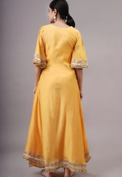 Embroidered Chanderi Silk Abaya Style Suit in Yellow