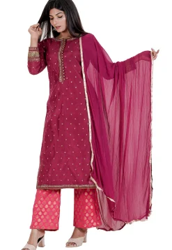 Embroidered Chanderi Silk Pakistani Suit in Wine