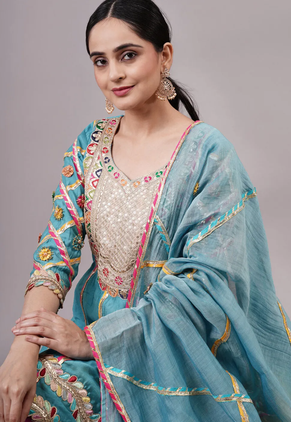 Embroidered Chanderi Silk Anarkali Suit in Blue
