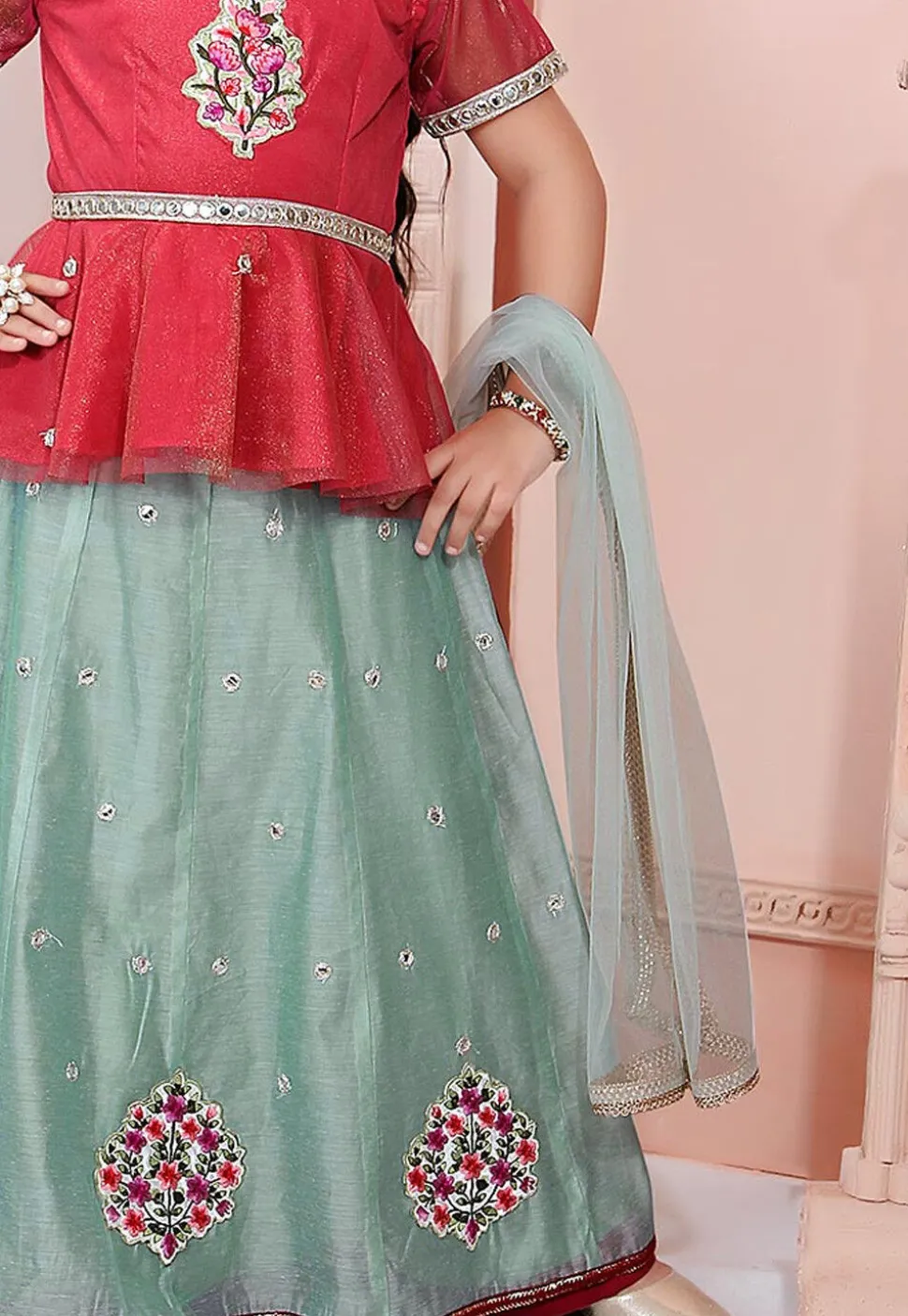Embroidered Chanderi Silk Lehenga in Pastel Blue