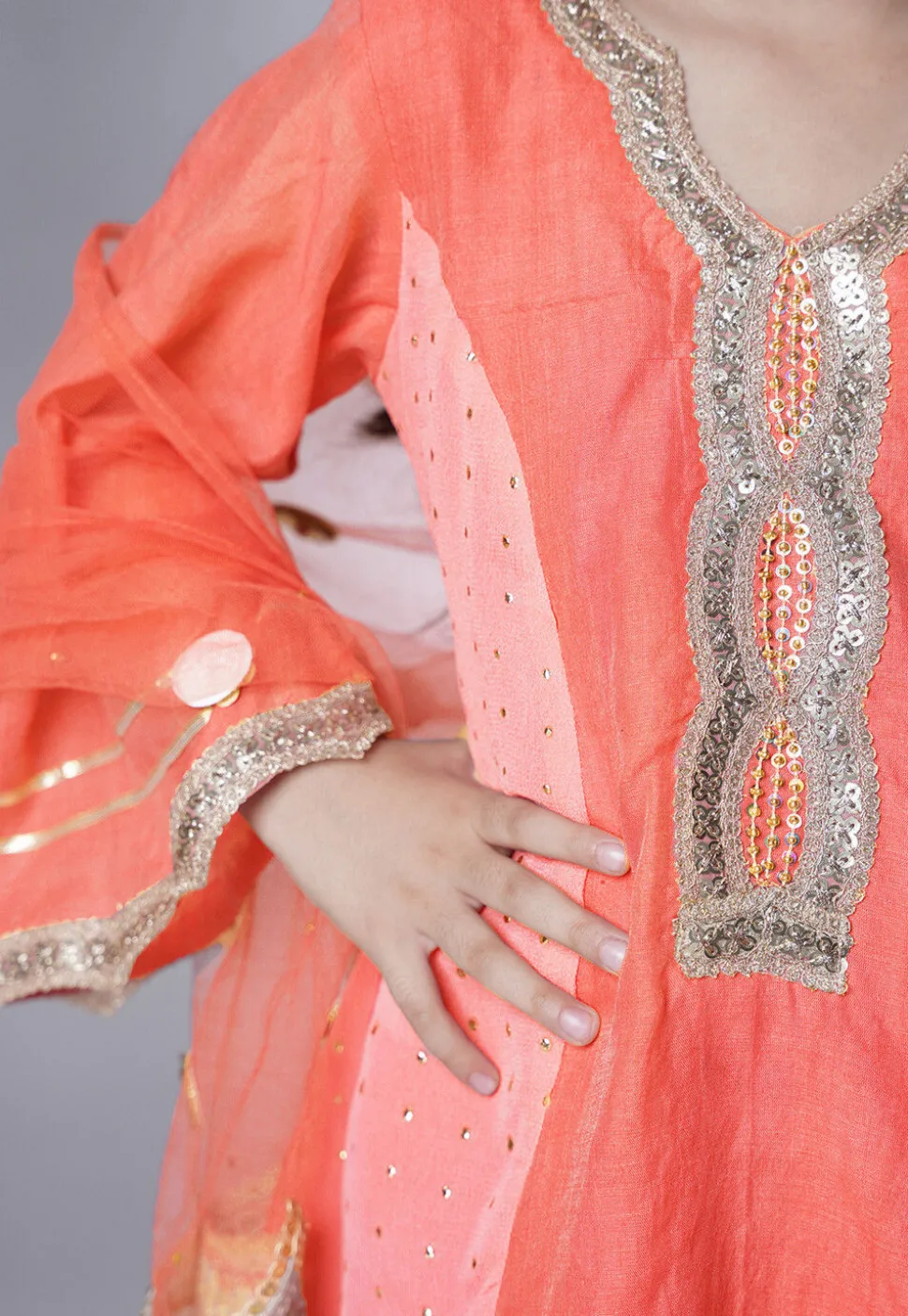 Embroidered Chanderi Silk Punjabi Suit in Peach