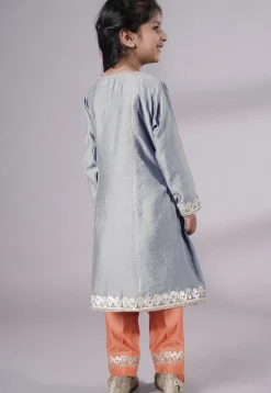 Embroidered Chanderi Silk Punjabi Suit in Grey