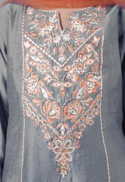 Embroidered Chanderi Silk Punjabi Suit in Grey