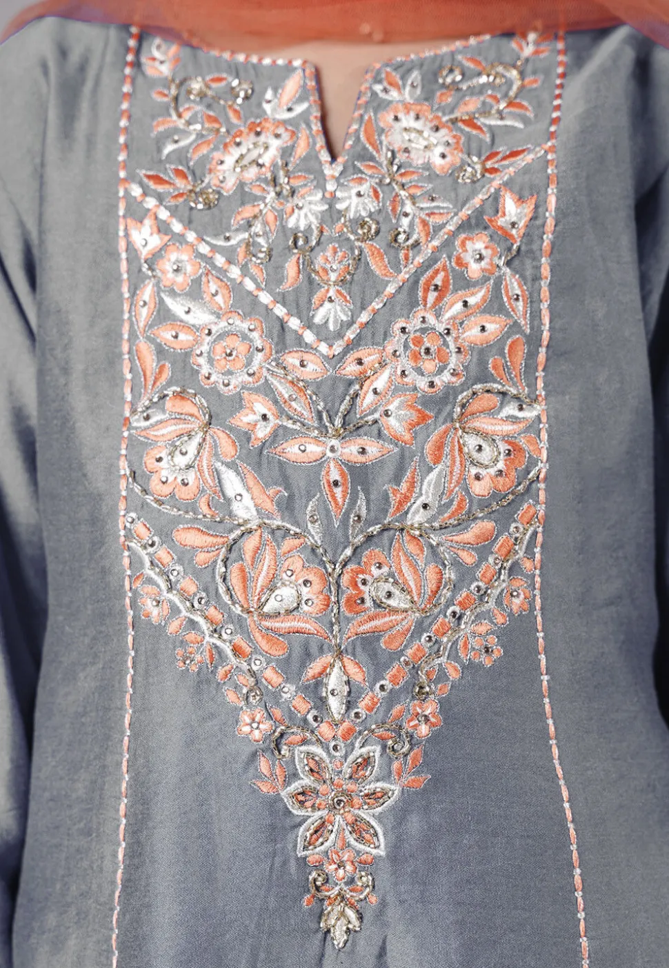 Embroidered Chanderi Silk Punjabi Suit in Grey