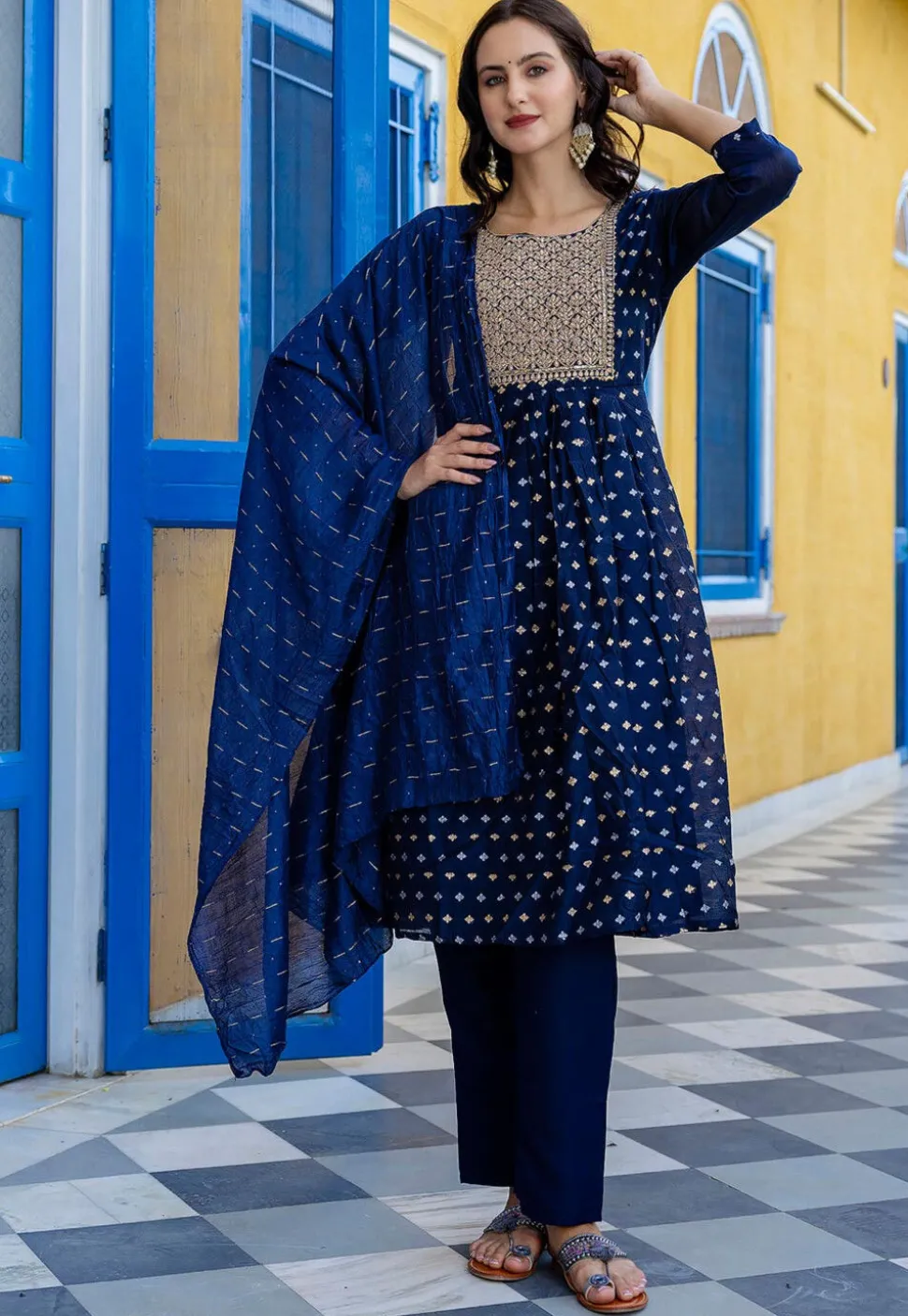 Embroidered Chanderi Silk A Line Suit in Navy Blue
