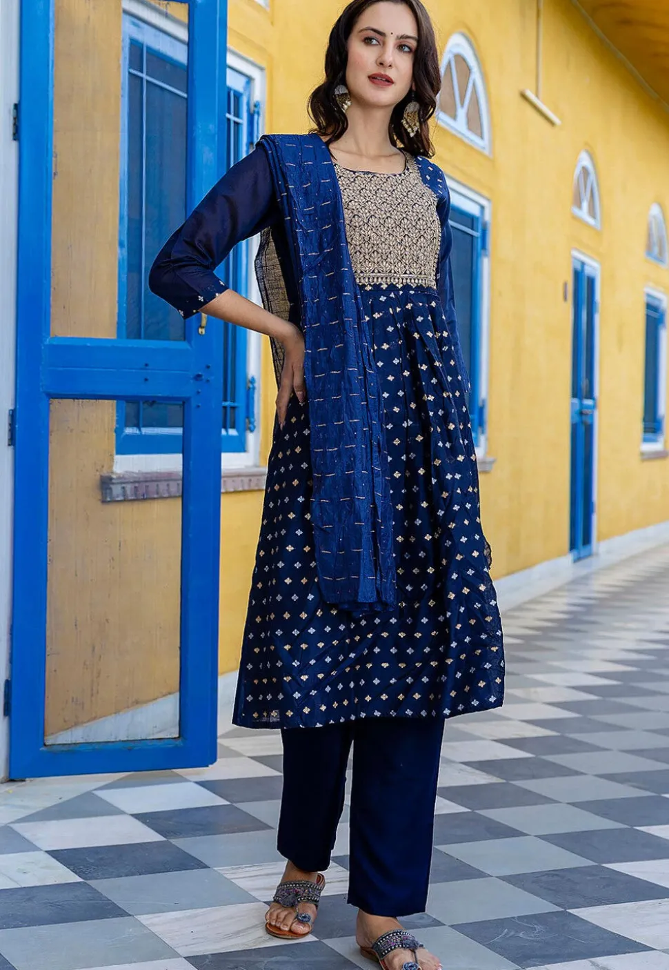 Embroidered Chanderi Silk A Line Suit in Navy Blue