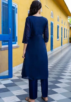 Embroidered Chanderi Silk A Line Suit in Navy Blue