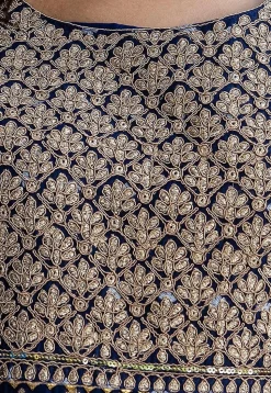 Embroidered Chanderi Silk A Line Suit in Navy Blue