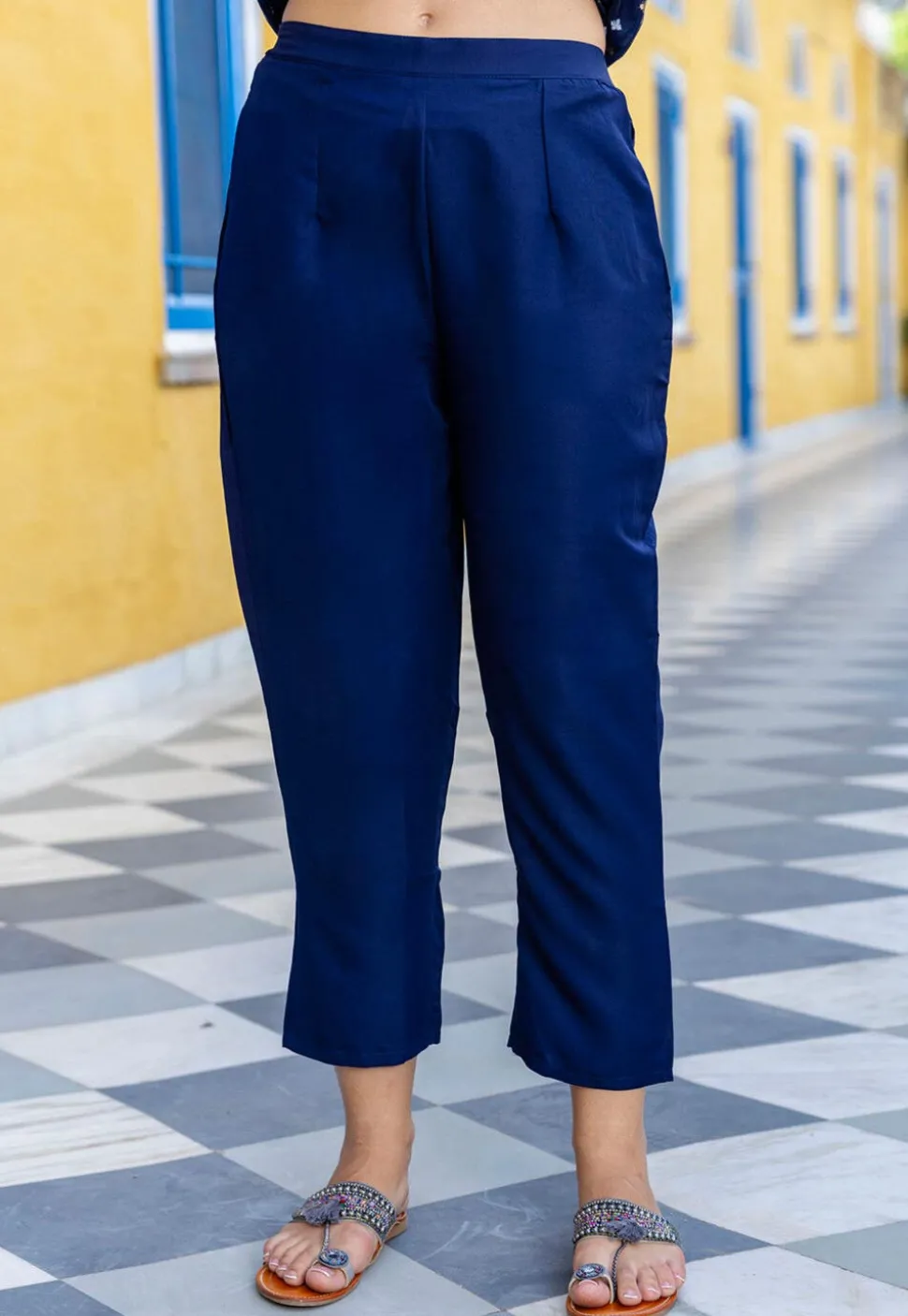 Embroidered Chanderi Silk A Line Suit in Navy Blue