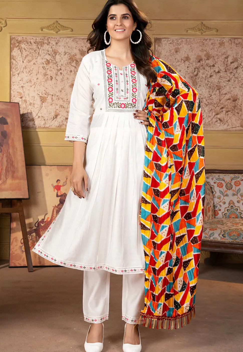 Embroidered Chanderi Silk Pakistani Suit in Off White