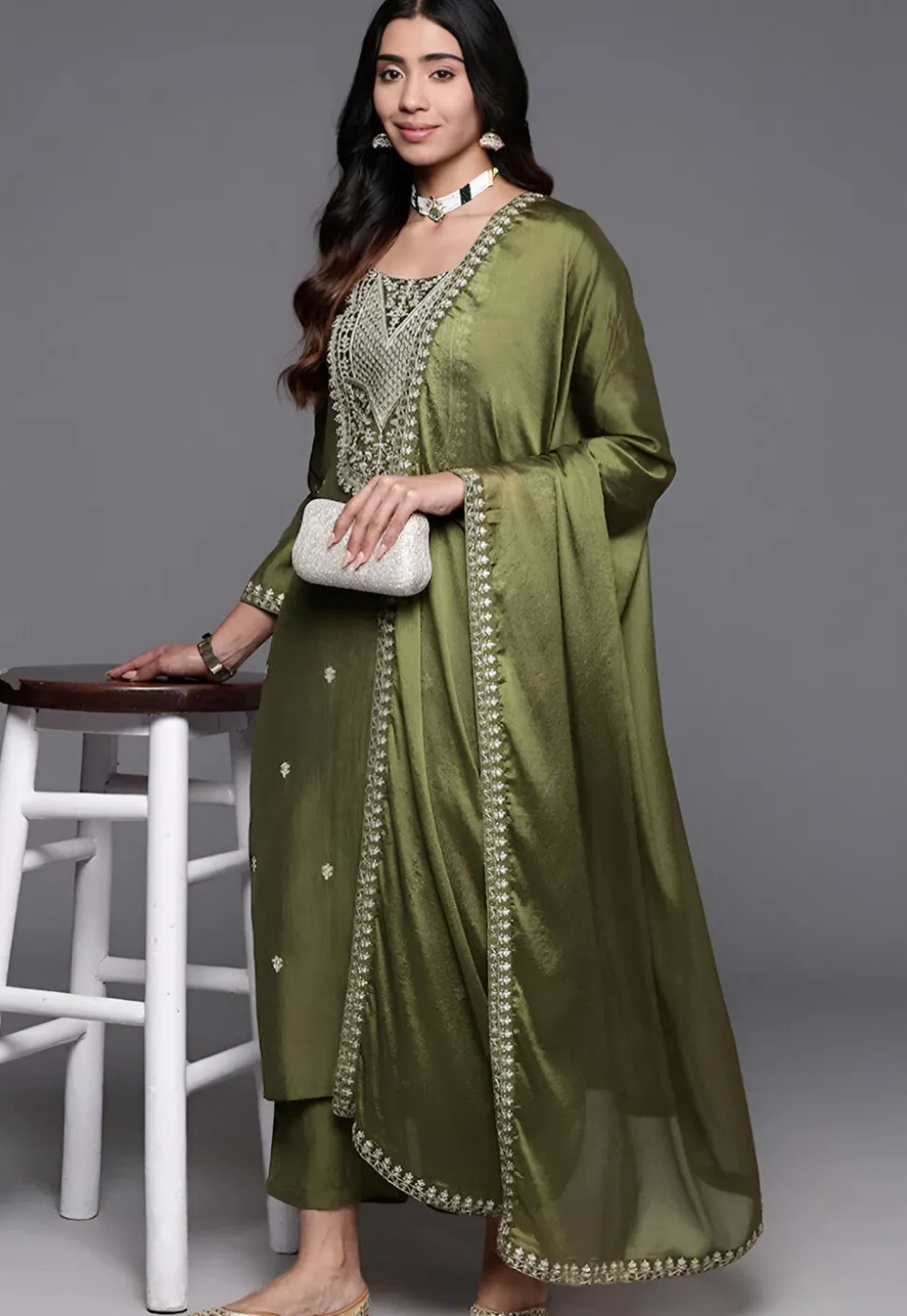 Embroidered Chanderi Silk Pakistani Suit in Olive Green