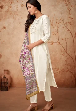 Embroidered Chanderi Silk Pakistani Suit in Off White