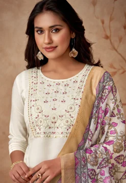 Embroidered Chanderi Silk Pakistani Suit in Off White