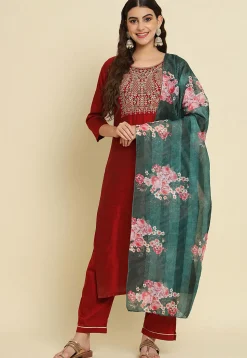 Embroidered Chanderi Silk Pakistani Suit in Maroon