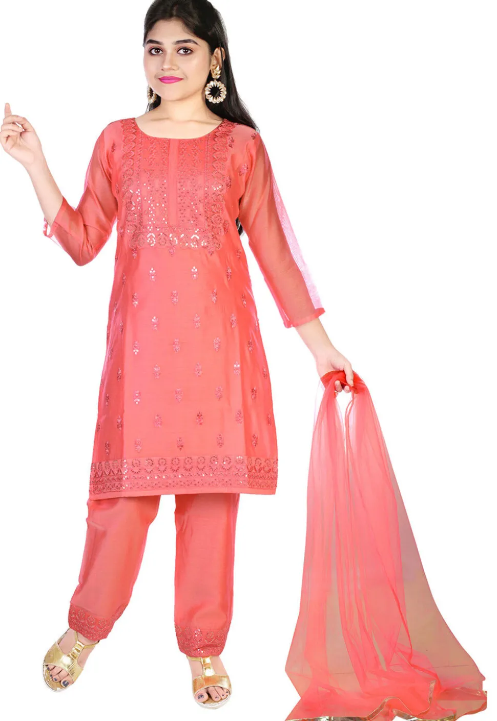 Embroidered Chanderi Silk Pakistani Suit in Coral Pink
