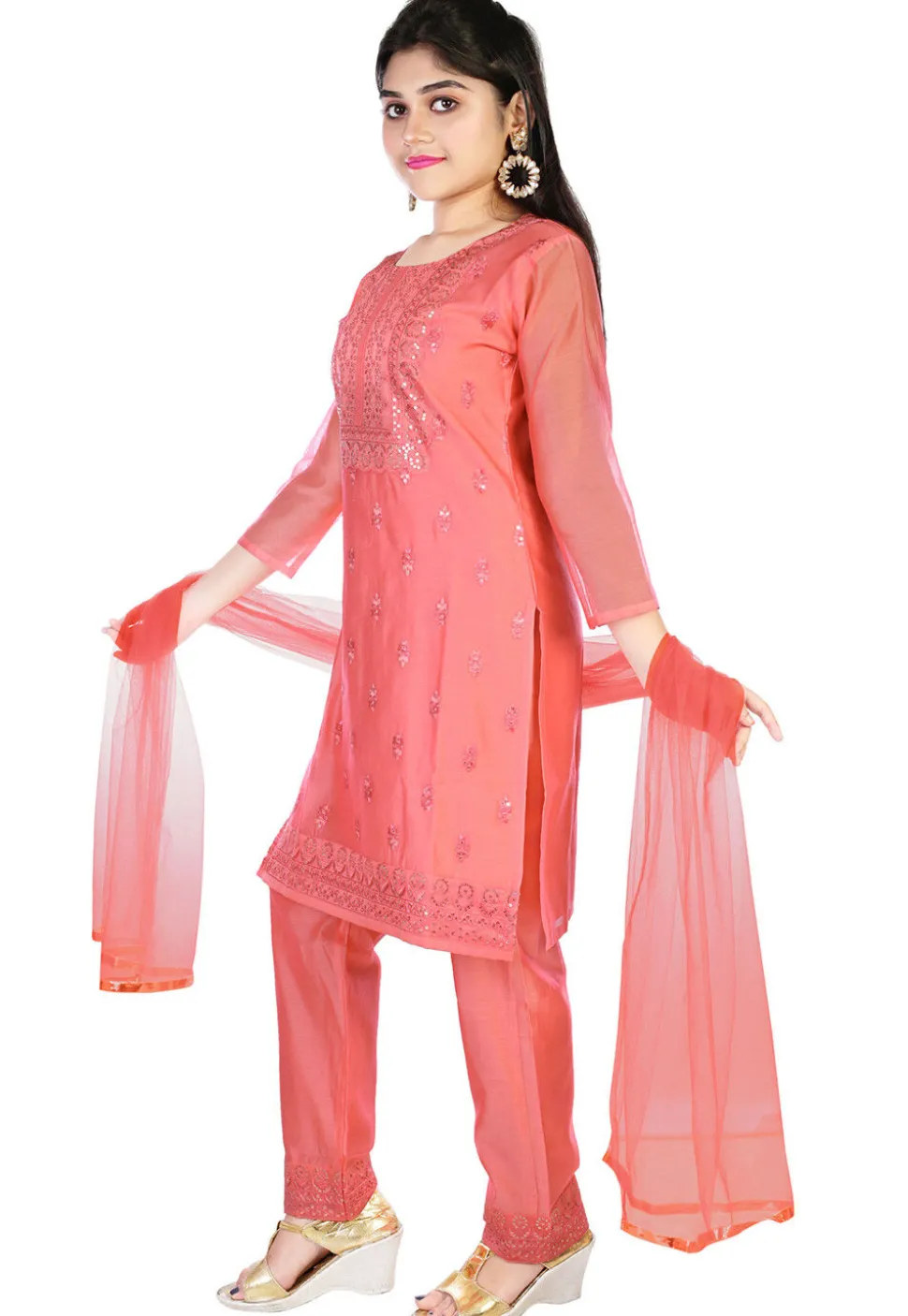 Embroidered Chanderi Silk Pakistani Suit in Coral Pink