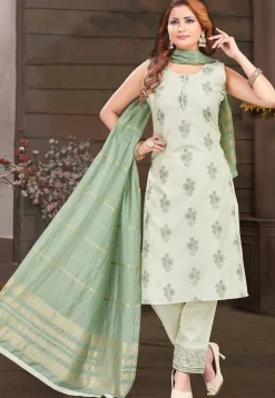 Embroidered Chanderi Silk Pakistani Suit in Dusty Green