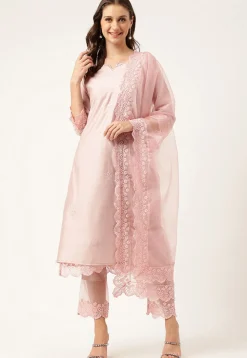 Embroidered Chanderi Silk Layered Pakistani Suit in Baby Pink